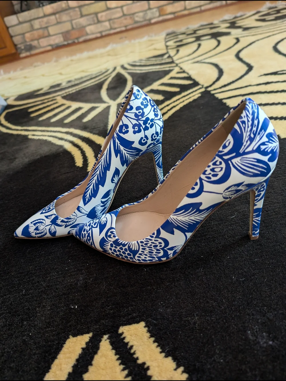 J. Crew Blue and White Floral Pointed-Toe Leather Pumps